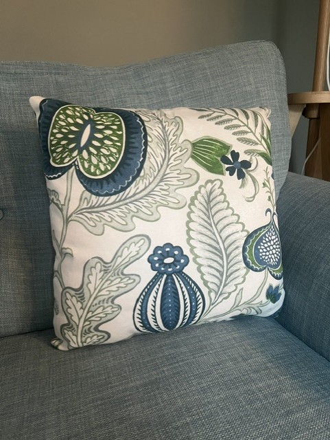 Bespoke cushion in blue and green botanical fabric